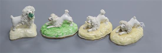 Four Samuel Alcock porcelain figures of poodles, c.1835-50, L. 6.2cm - 8.3cm